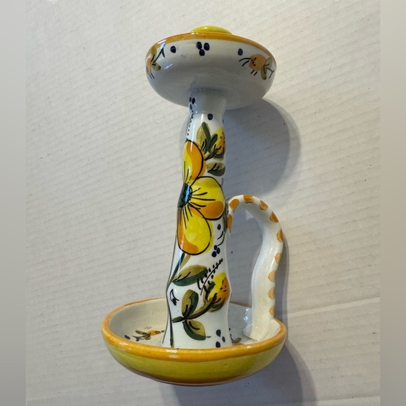 Yellow Floral Ceramic Candle Holder Round with Handle Hand Painted Spain Dish - Picture 3 of 6